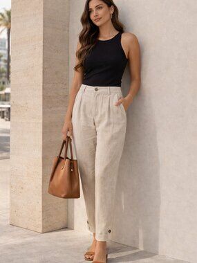 Mango MNG Linen Pleated Tapered Pants Button Ankle Cuff Size 14 Oatmeal/Sand